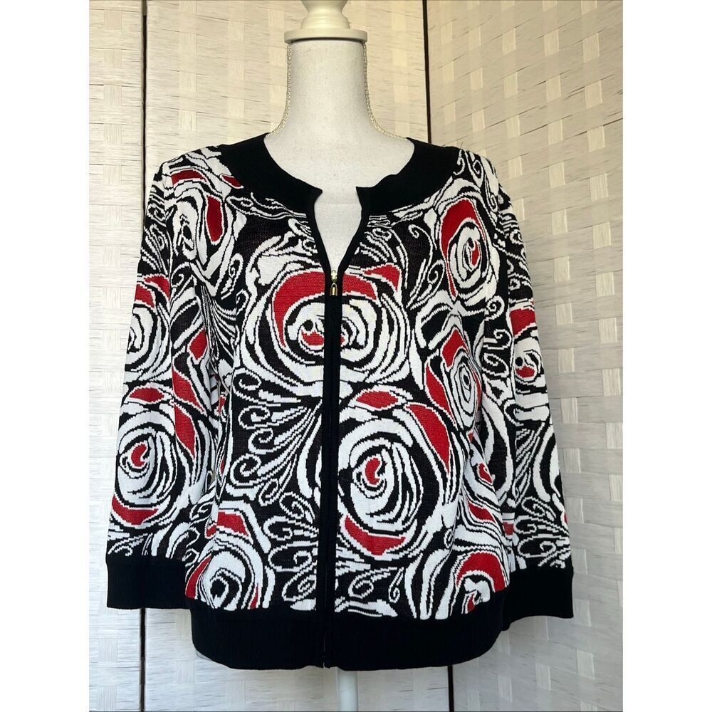 St. John Santana Knit Black/Red/White Wool Cardigan Zip Closure 3/4 Sleeves EUC